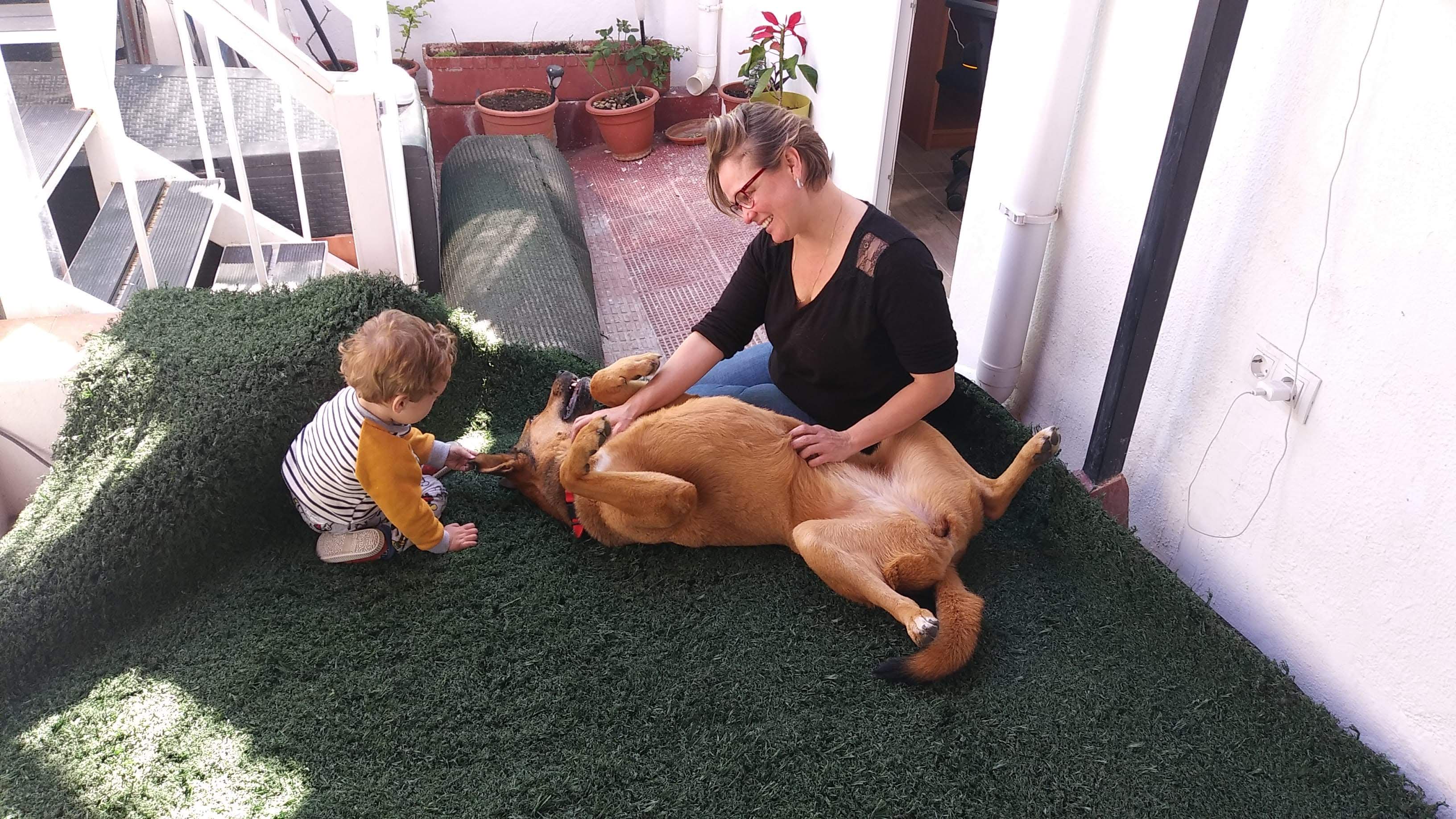 Cuidadora y bebé acariciando perro en terraza de hotel canino Churriana